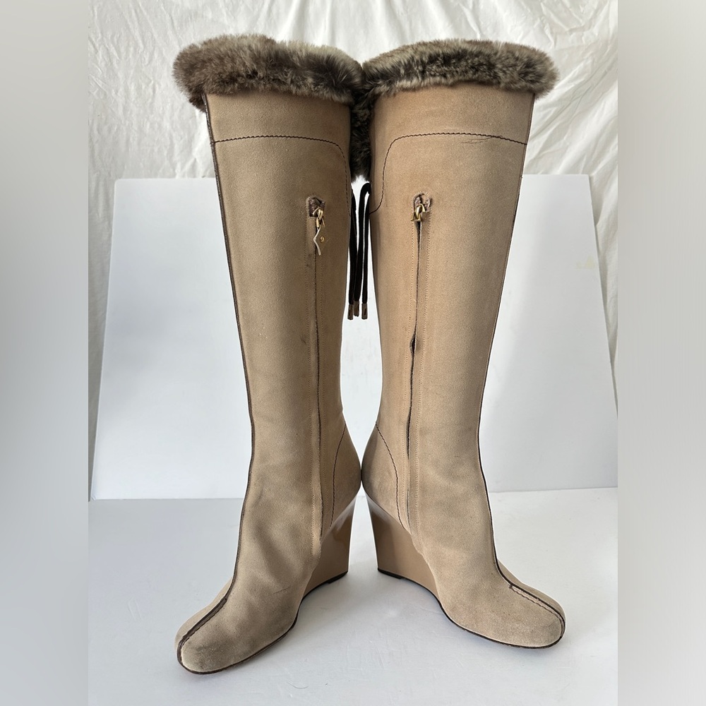 Louis Vuitton Beige Suede Wedge Riding Boots with Rabbit Fur Trim Sz 37.5 US 7.5